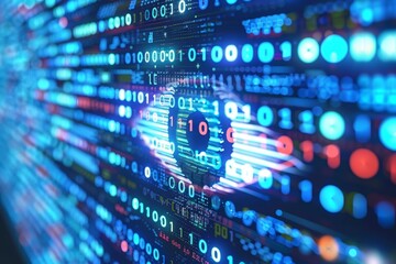 A close up of a digital eye like structure, composed of flowing binary code and colorful data streams. The abstract design symbolizes digital vision, technology, and data processing.