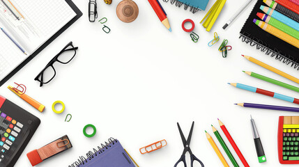 A collection of school supplies including pens, pencils, scissors