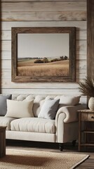 Reclaimed Wood Frame Mockup Displayed on Warm Shiplap Wall in Inviting Farmhouse Living Area with Overstuffed Linen Sofa Rustic End Tables and Panoramic Countryside Landscape