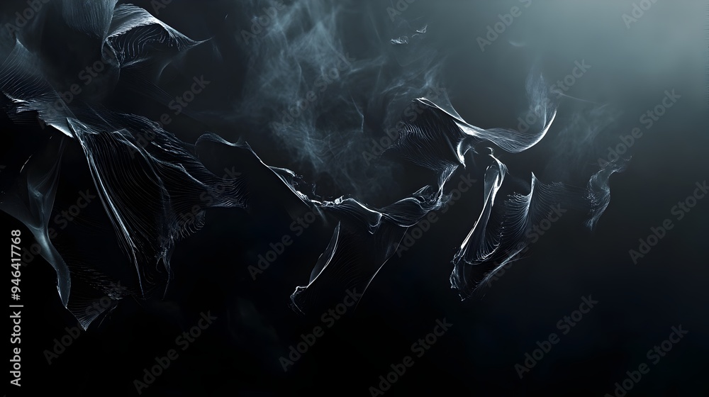 Poster conceptual image of abstract dark shapes organically forming and floating in midair with a soft glow