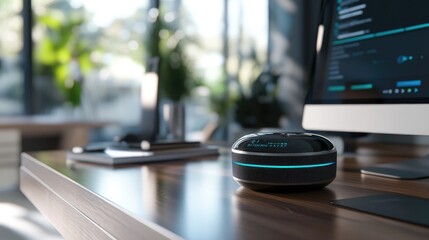 Close-up of a virtual assistant device on a desk, with a voice command prompt visible on the screen