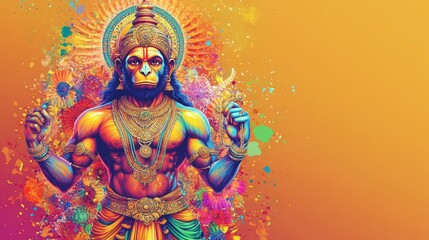 The image of Lord Hanuman, superbly built, muscular, bright, colorful, with a place to copy the text.