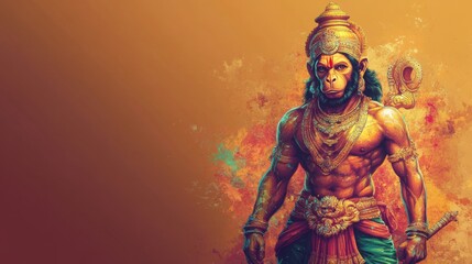 The image of Lord Hanuman, superbly built, muscular, bright, colorful, with a place to copy the text.