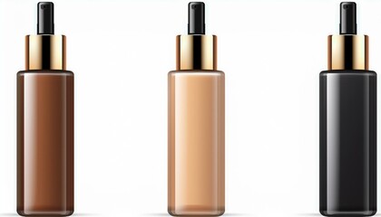 Obraz premium A realistic glass bottle of makeup foundation with a pump, blank cosmetic packaging templates with options for black, silver, or gold caps, illustrated in a vector style on a white background