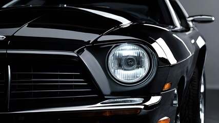 Close-Up of Sleek black shinny Car Headlights 