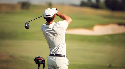 A golfer in a white shirt and hat swings his club on a green golf course.