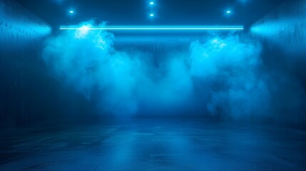 Abstract Neon Blue Fog in Dark Room with Lights