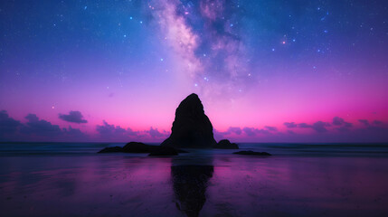 Large Rock Sitting Top Beach Under Sky