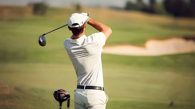 A golfer in a white shirt and hat swings his club on a green golf course.