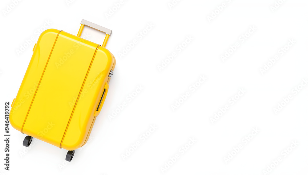 Wall mural yellow suitcase on a white background with a flying airplane icon. travel and vacation concept, busi