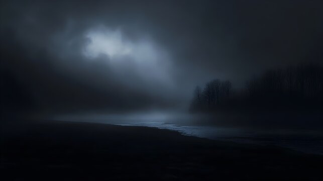 A conceptual image depicting the gradual encroachment of darkness over a serene landscape as the light fades away leaving only the silhouettes of forms and shapes against a muted atmospheric backdrop