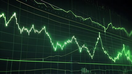 A digital stock market graph with glowing dots and lines forming an analysis is displayed on a green background