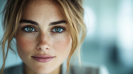 A close-up image of a woman with freckles, gazing directly at the camera, conveying natural beauty, introspection, and a sense of quiet strength and openness.