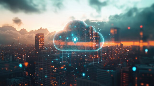 Concept of cloud computing with a transparent cloud icon overlaid on a city skyline and digital connections