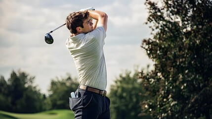 Young man taking a swing on a golf course.