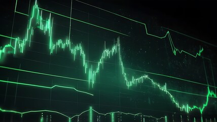 A digital stock market graph with glowing dots and lines forming an analysis is displayed on a green background