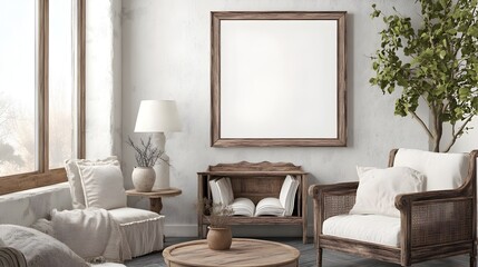 Rustic and Refined Farmhouse Living Room Interior with Frame Mockup Soft Furnishings Distressed Wood Furniture and Cozy Reading Nook by the Window