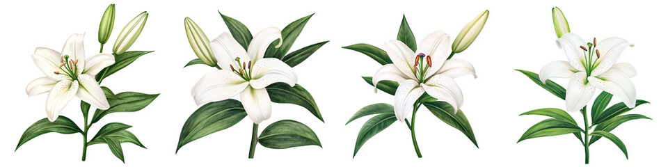 A Lily Flower Realistic Watercolor Style Pure White Isolated on White and Transparent Background