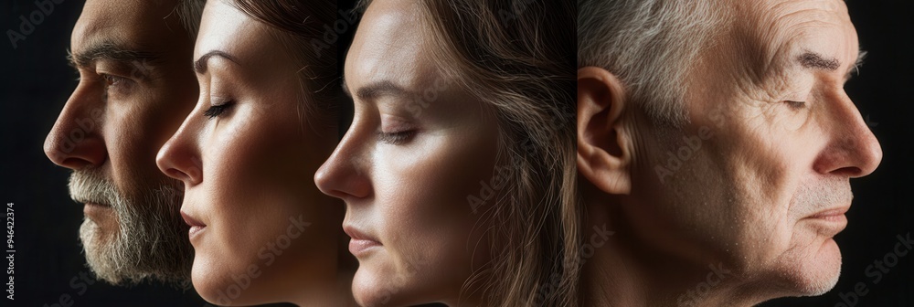 Poster Four people stand in profile, each with their eyes closed, displaying a range of ages and features, all set against a dark backdrop that emphasizes their presence. Generative AI