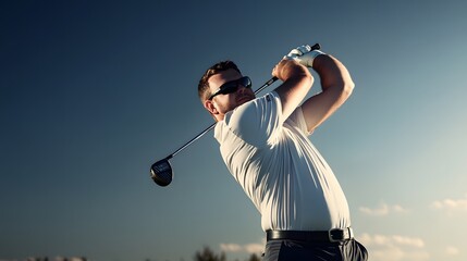 A man in sunglasses swings his golf club, preparing to hit the ball.