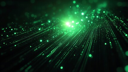 Obraz premium A captivating green abstract image showcasing light trails and luminous particles creating an ethereal atmosphere.