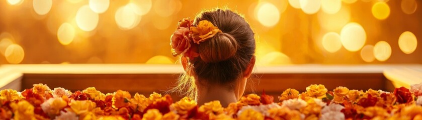 Naklejka premium A woman relaxing in a wooden sauna, surrounded by the soothing aroma of flowers and the warmth of hot stones
