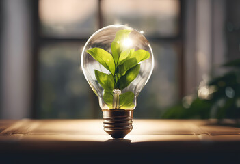 light bulb with fresh green leaves