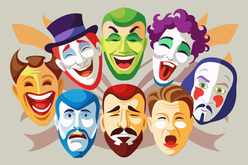Collection of comedy masks of theater actors, watercolor clipart illustration with isolated background.
