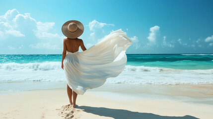 A woman wearing a flowing white beach cover-up and wide-brimmed sun hat, standing on a sandy beach with the ocean waves gently crashing in the background, under a clear blue sky