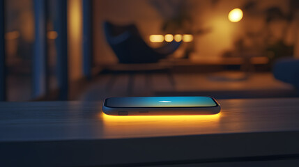 Obraz premium Sleek smartphone on modern wireless charging pad, soft glow highlighting the charging symbol, minimalist room setting with ample copy space for text or design elements