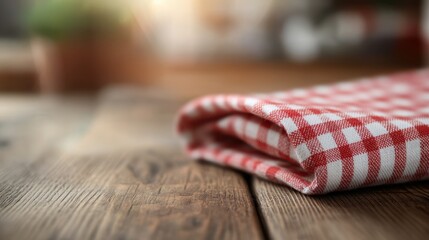 A neatly folded red and white checkered tablecloth placed on a wooden surface, representing a quaint and charming setting, perfect for a cozy family meal or picnic.