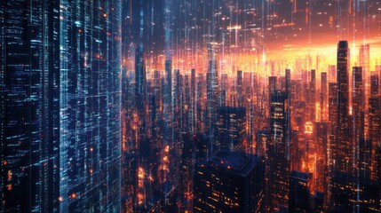 Fototapeta premium Futuristic Cityscape with Glowing Lights and Digital Rain