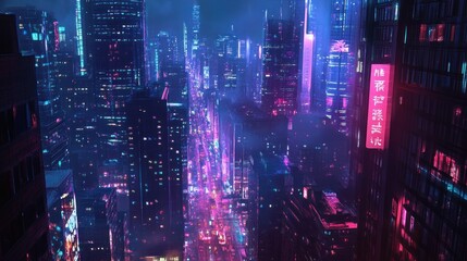 Fototapeta premium Neon-Lit Skyscrapers of a Futuristic City at Night