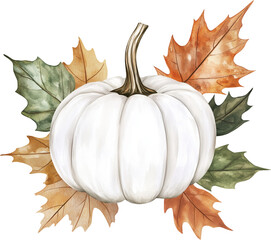 Watercolor white pumpkin with autumn leaves. Generative AI.