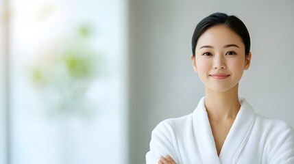 Serene Asian Woman Massaging Nourishing Body Lotion in Peaceful Bathroom Setting