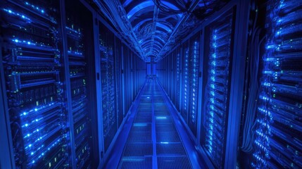 Obraz premium Data center with rows of servers, blue LED lights glowing in a dimly lit room, wires and cables visible