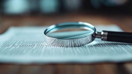 A close-up image highlighting a magnifying glass placed over a document on a wooden surface, representing careful scrutiny, inspection, and detailed analysis in a bright focus.