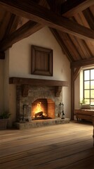 Rustic farmhouse living room interior with wooden beams cozy fireplace and an antique wooden frame floating on the wall showcasing natural lighting and a 3D rendering