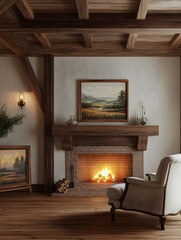 Rustic farmhouse living room interior with wooden beams cozy fireplace vintage armchair and antique wooden frame mockup with a landscape painting