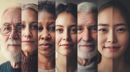 A collection of diverse individuals, showcasing different ages and ethnicities, each displaying unique expressions in a warm, inviting atmosphere. Generative AI