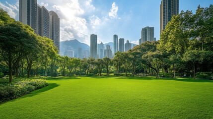 A green urban park with well-maintained lawns and trees, providing a refreshing contrast to surrounding city buildings and adding natural beauty to the scene.
