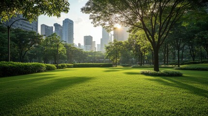 Obraz premium A green urban park with well-maintained lawns and trees, providing a refreshing contrast to surrounding city buildings and adding natural beauty to the scene.