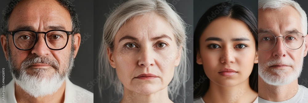 Poster Four people with different backgrounds and ages display a range of expressions, emphasizing the beauty of diversity and individuality in a simple studio setting. Generative AI