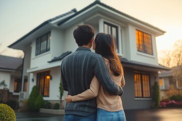 Rear view of couple hugging in front of a new house
