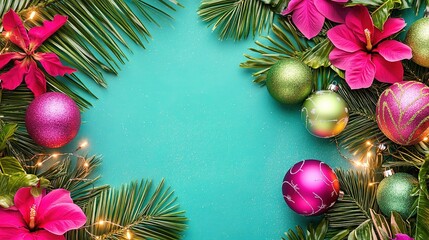 Vibrant tropical decorations with ornaments and flowers on a teal background for a festive holiday celebration