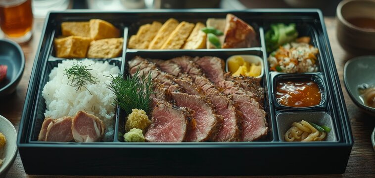 Overhead view of a Japanese bento box with grilled meat rice and vegetables A delicious and visually appealing meal bentobox japanesefood grilledmeat foodphotography delicious