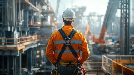 Fototapeta premium A male engineer standing confidently on a construction site, wearing a white hard hat, reflective safety vest, and holding blueprints, with a partially constructed building in the background. 