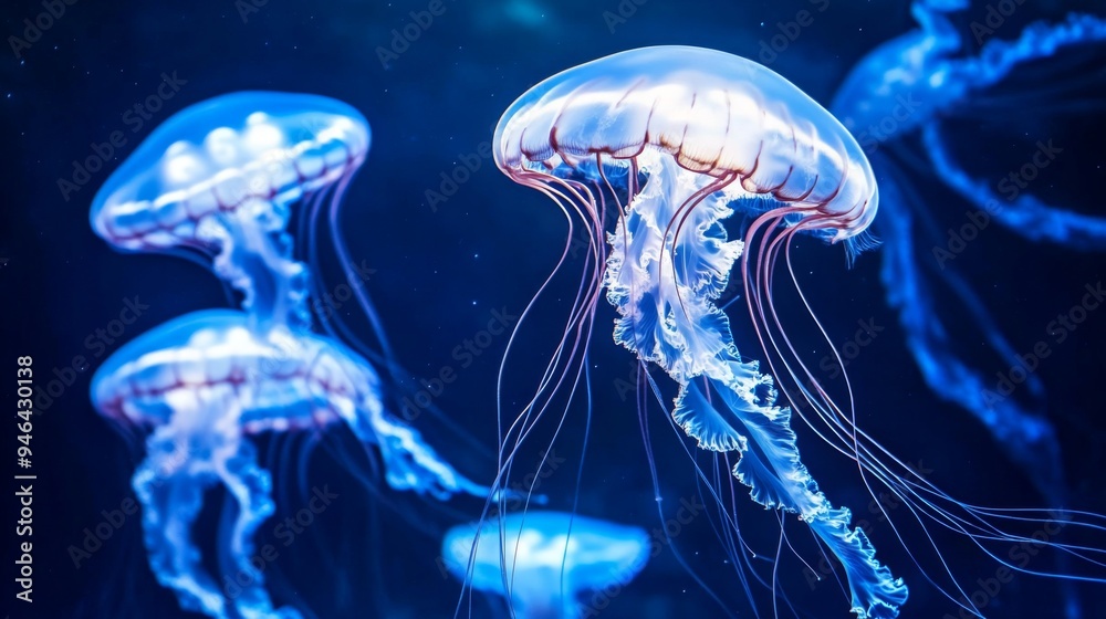 Poster a group of jellyfish floating effortlessly in the deep blue sea, their translucent bodies glowing in