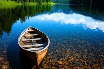 Lake with an old, weathered rowboat, depicted in a design that evokes a sense of nostalgia and quiet contemplation