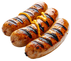 Sizzling Grilled Sausages: Trio of Savory Delights, isolated on transparent background.
